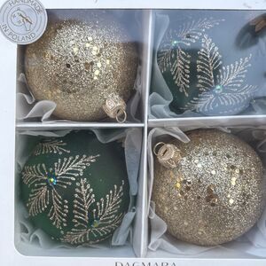 4 DAGMARA GOLD GLITTER & GREEN GLITER Holiday Glass Ball Ornaments
